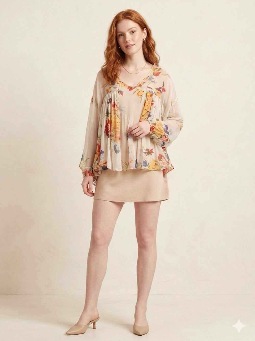 Sheer Silk Chiffon Floral Peasant Blouse - Beige Floral